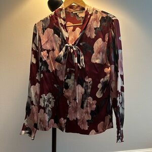 Anne Klein Burgundy and Pink Floral Blouse